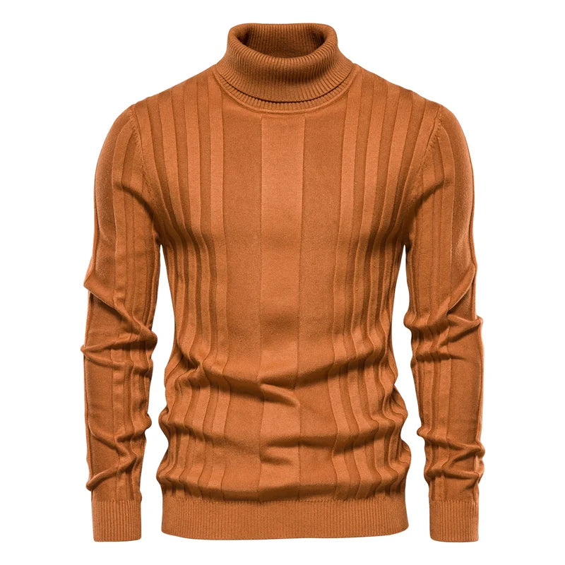 Men's Slim Fit Pullovers Turtleneck Casual Basic Solid Colour Warm Striped Sweater Male Winter Fashion Sweaters