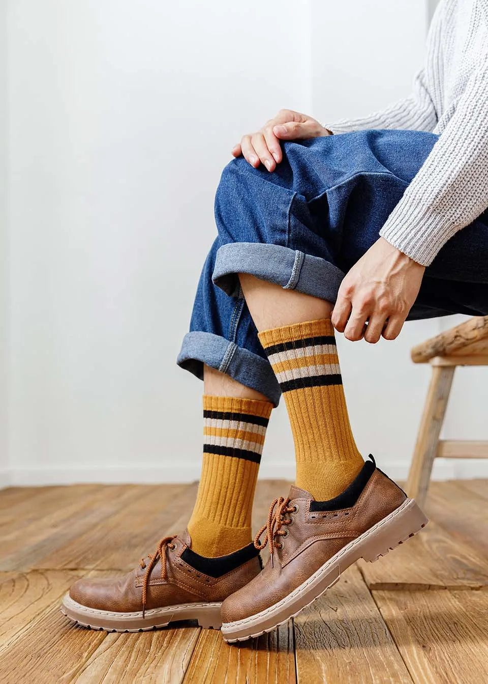 5 Pairs Winter Men's Cotton Tube Socks Harajuku Retro Thick Warm Striped Plus Size Long Terry Socks