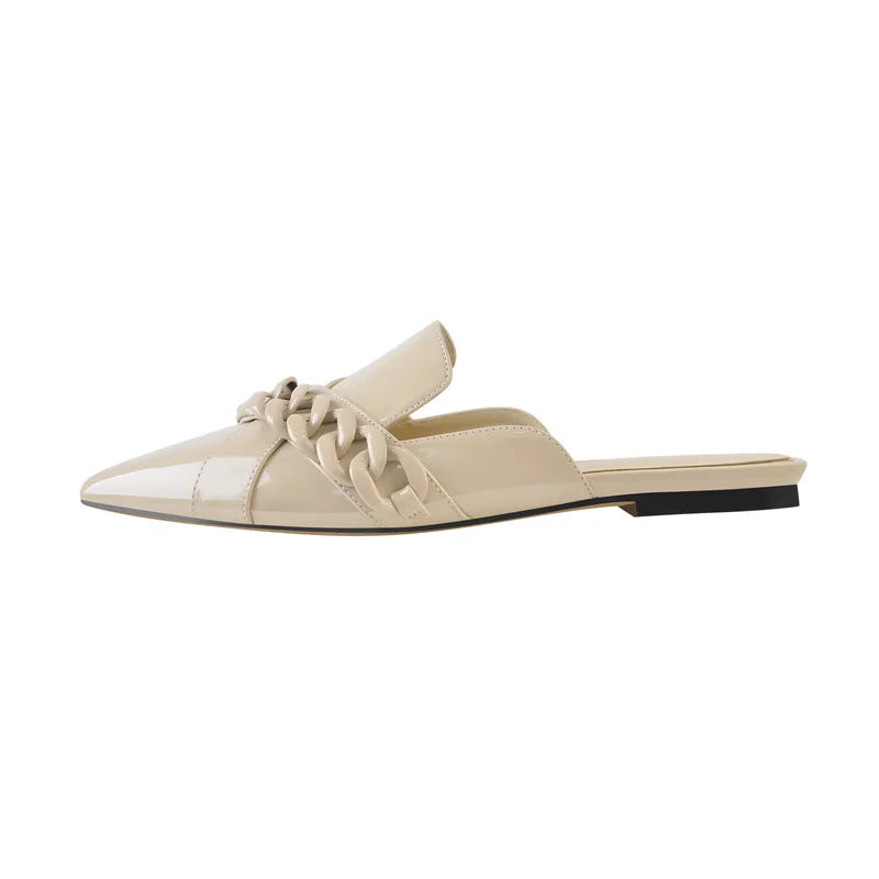 Women Slip-On Sandals Pointed Toe Chain Decoration Patent Leather Khaki Shoes For Woman Daily Concise Summer Flats
