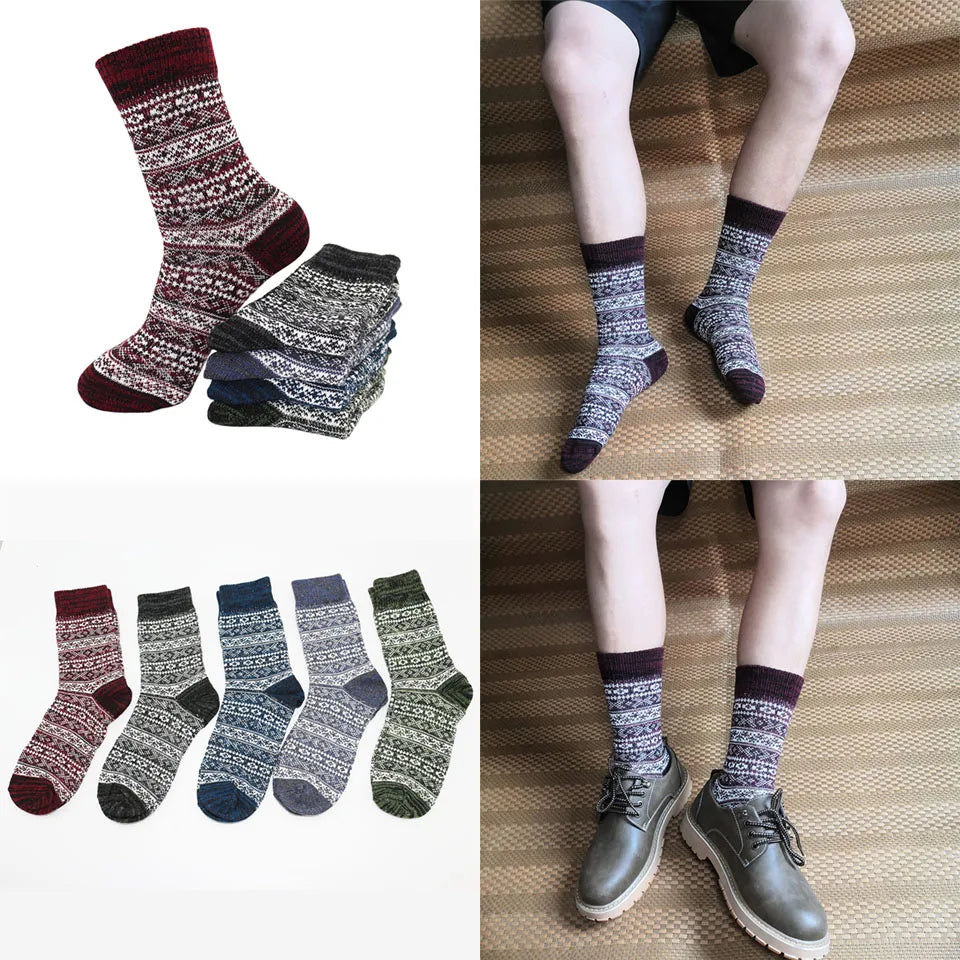 5 Pairs Winter Men's Wool Socks Harajuku Retro Warm Thick Comfortable Knitted Casual Striped Socks