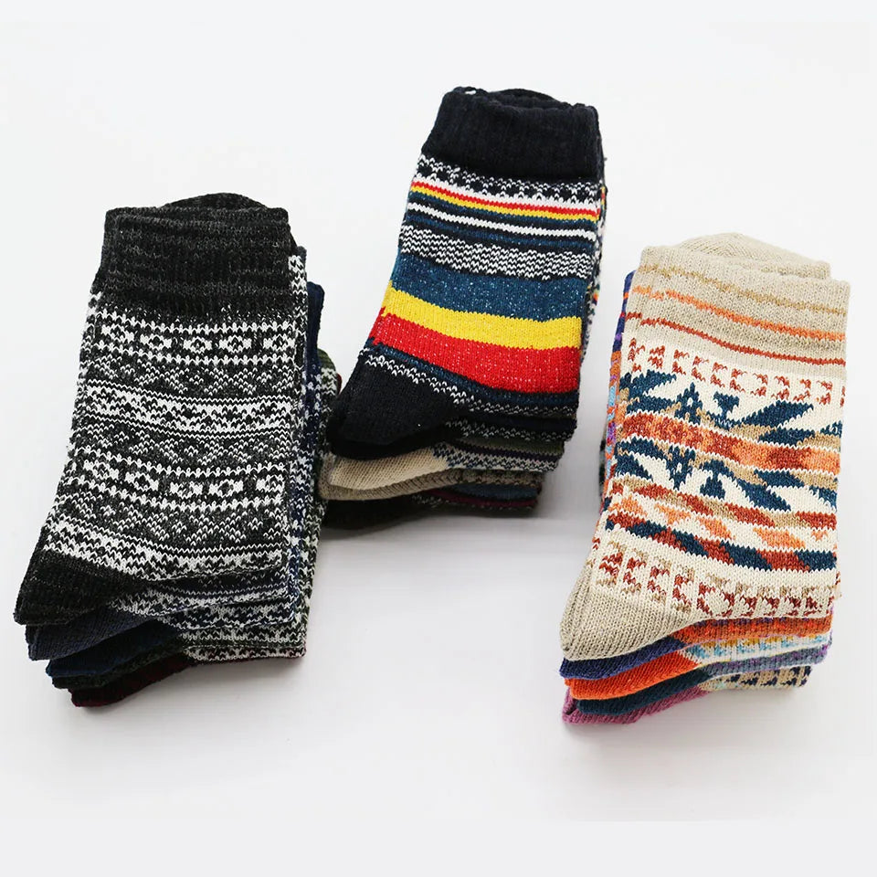5 Pairs Winter Men's Wool Socks Harajuku Retro Warm Thick Comfortable Knitted Casual Striped Socks