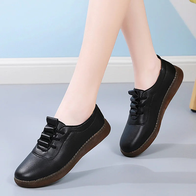 Women Ladies Mother Female Genuine Leather Flats Loafers White Shoes Soft Non Slip Vulcanized Shoes Size 35-41