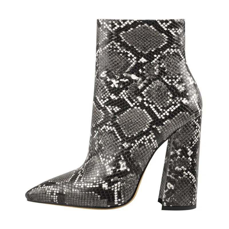 Women Pointed Toe 10CM Leopard Chunky Heels Ankle Boots Side Zipper High Heel Thick Autumn Booties