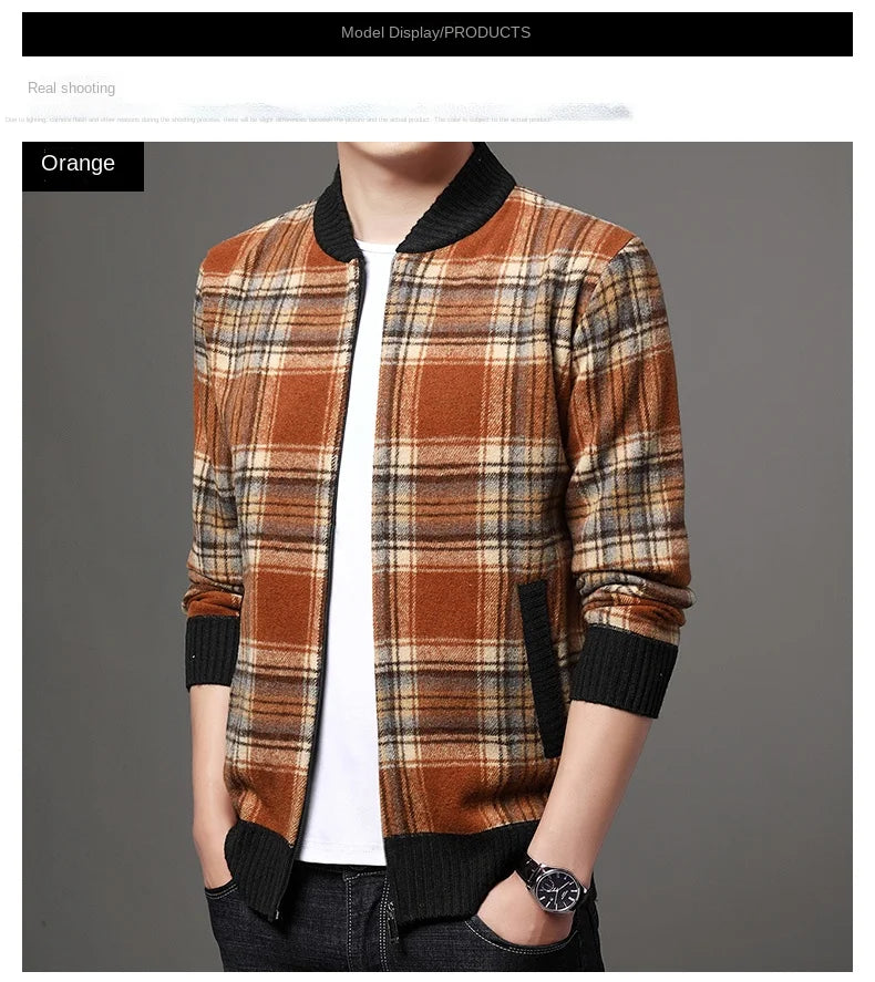 Men's Top Quality Woollen Thick Velvet Plaid Casual Baseball Collar Jacket, Korean Windbreaker Male Coats