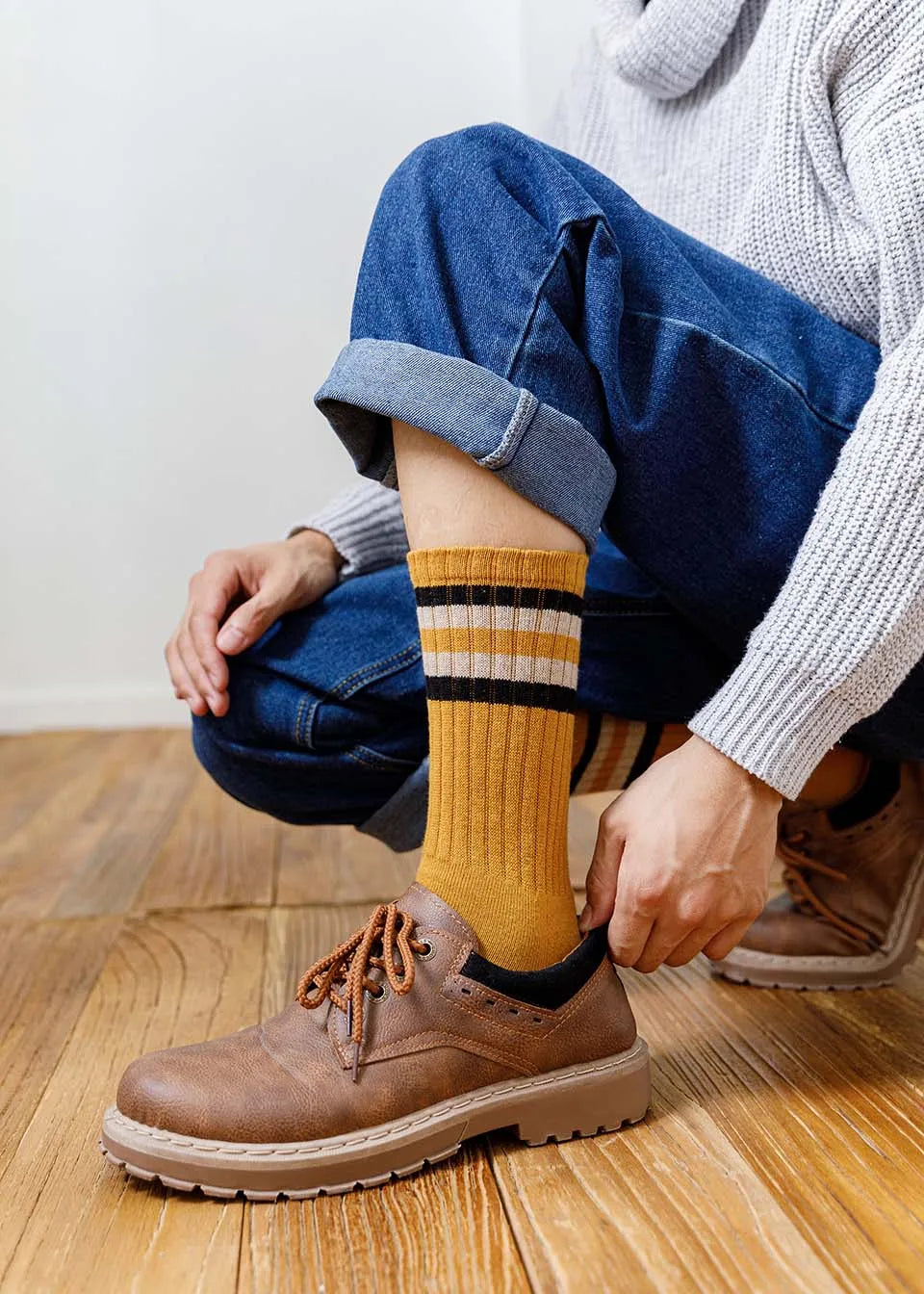 5 Pairs Winter Men's Cotton Tube Socks Harajuku Retro Thick Warm Striped Plus Size Long Terry Socks