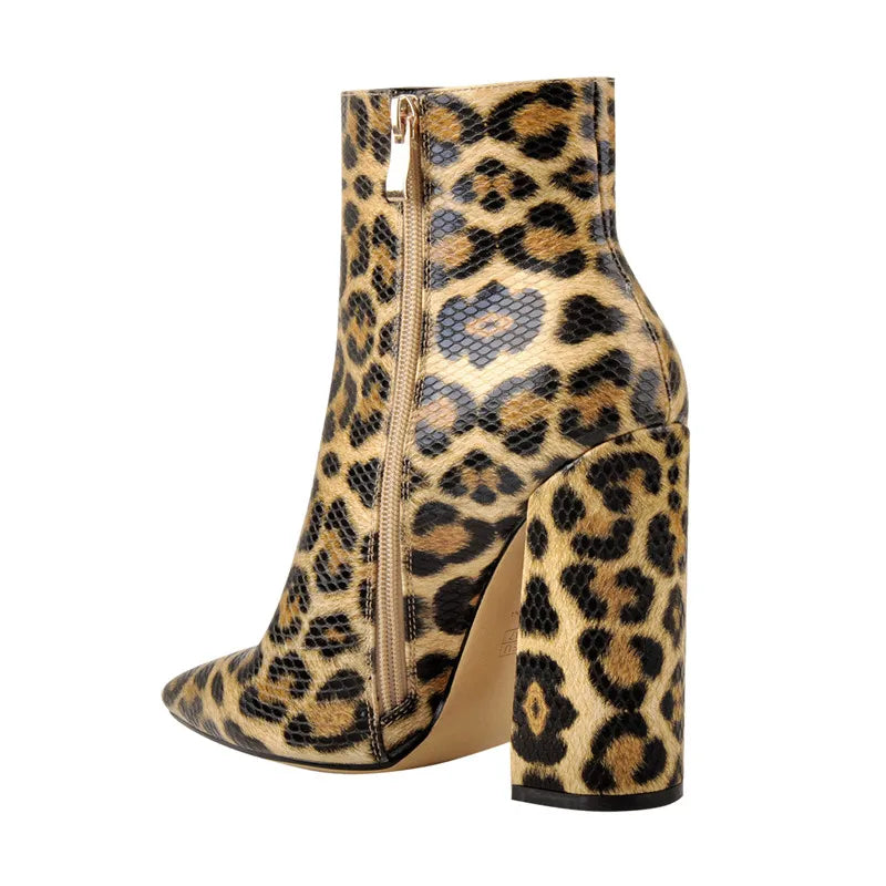 Women Pointed Toe 10CM Leopard Chunky Heels Ankle Boots Side Zipper High Heel Thick Autumn Booties