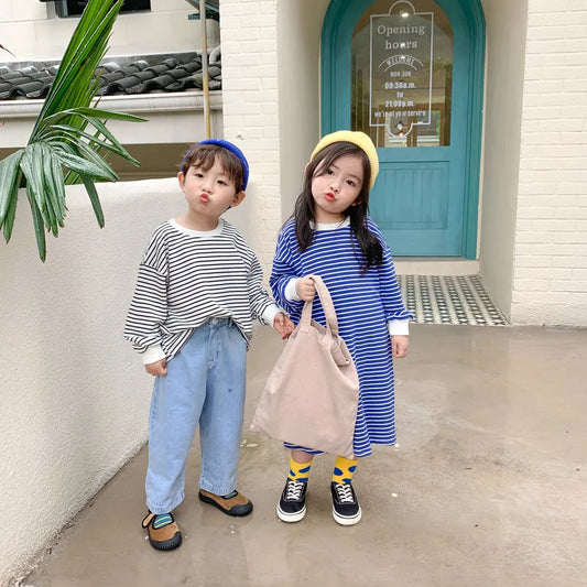 Kids Clothes Brother and Sister Hoodies Striped Girls Boys Sweatshirts For Children 12M-6T