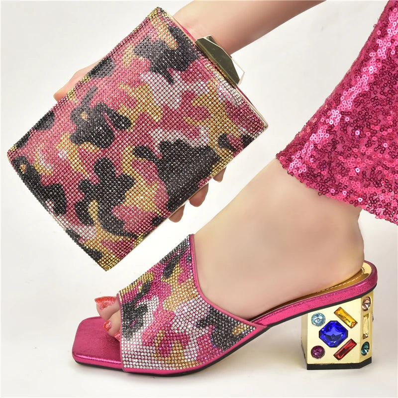 Women's Italian Luxury Shoes with Bag Set Decorated with Rhinestone Open Toe Pumps for party