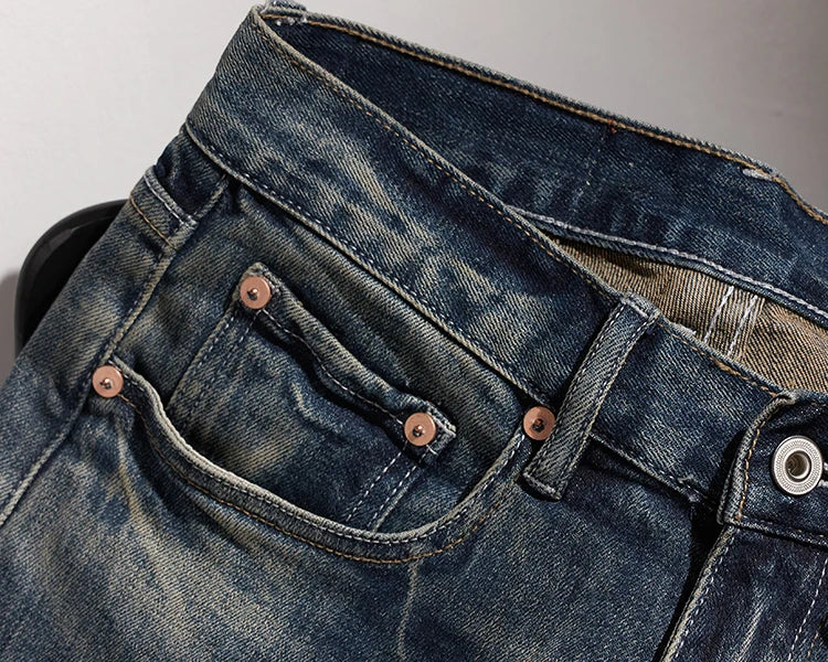 353# Autumn and Winter New Japanese Retro Heavyweight Tooling Jeans Men's Fashion Washed Old Straight Loose Elastic Casual Pants