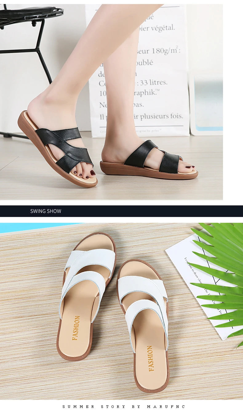 Women Old Mother Female Ladies Shoes Sandals Cow Genuine Leather Slip On Summer Beach Casual Size 35-40 YL-1802