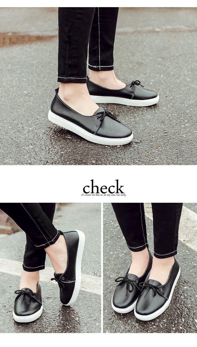 Women Students Girl Female Genuine Leather White Shoes Flats Platform Lace Up Korean Casual Vulcanized Shoes FEZ-173
