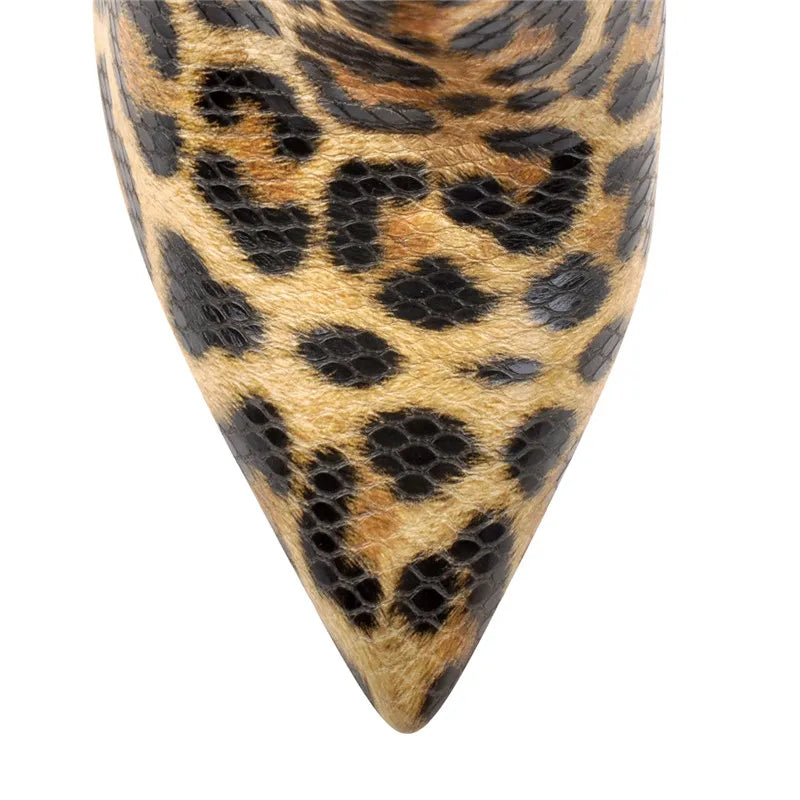 Women Pointed Toe 10CM Leopard Chunky Heels Ankle Boots Side Zipper High Heel Thick Autumn Booties