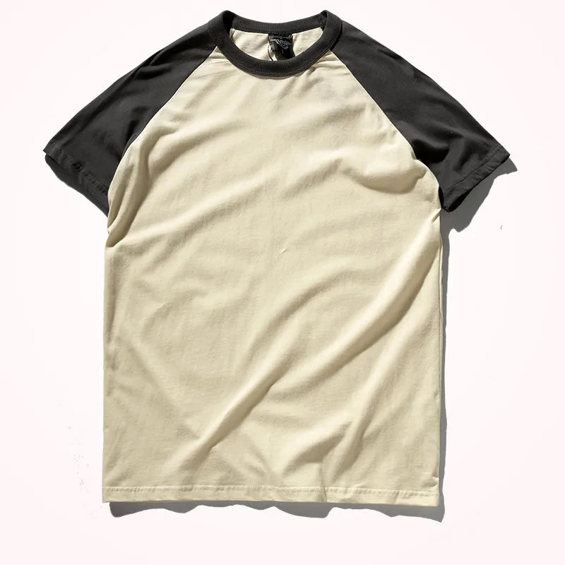 2023 Zomer Nieuw Raglanmouwen Tweekleurig Gestikt T-shirt Herenmode Korte mouwen Ronde hals 100% Katoen Casual Bottoming Top