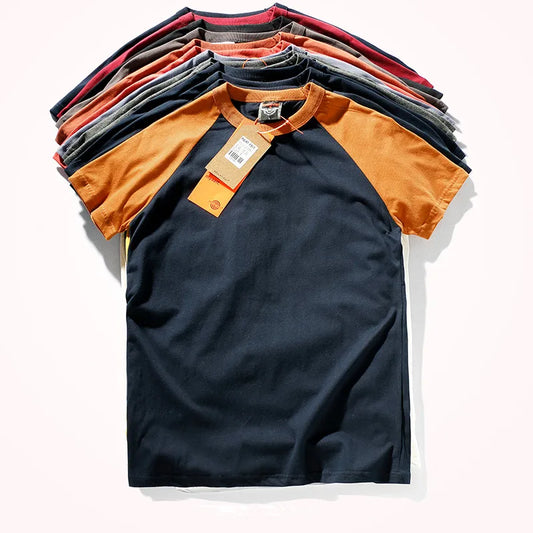 2023 Zomer Nieuw Raglanmouwen Tweekleurig Gestikt T-shirt Herenmode Korte mouwen Ronde hals 100% Katoen Casual Bottoming Top