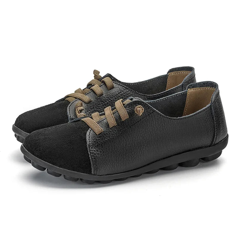 Women's Genuine Leather Mother Ladies Shoes Flats Loafers Ballerina Lace Up Soft Moccasins Plus Size 43 44 MX-052