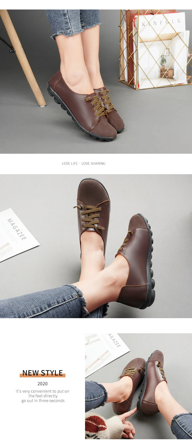 Women's Genuine Leather Mother Ladies Shoes Flats Loafers Ballerina Lace Up Soft Moccasins Plus Size 43 44 MX-052