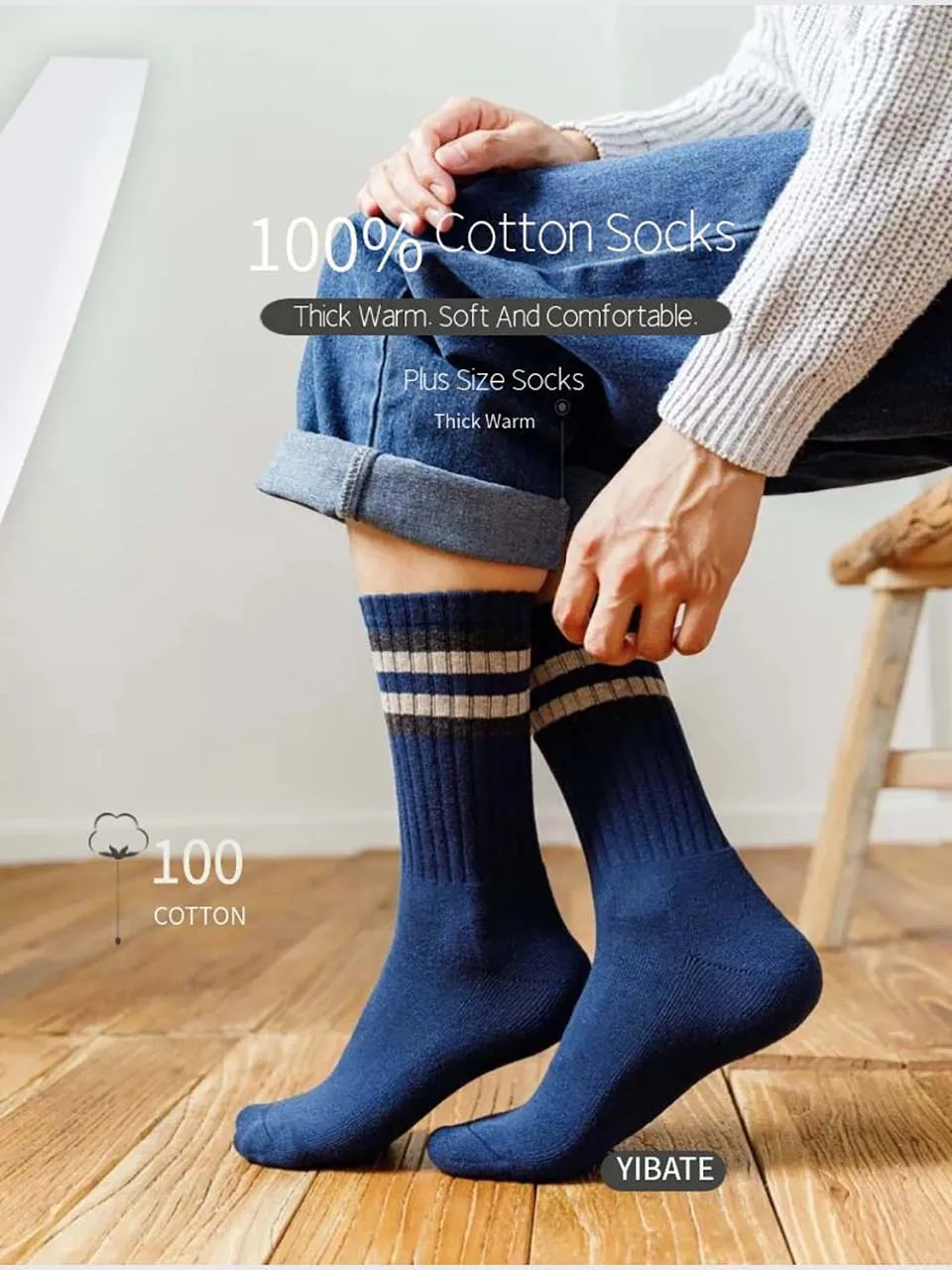 5 Pairs Winter Men's Cotton Tube Socks Harajuku Retro Thick Warm Striped Plus Size Long Terry Socks