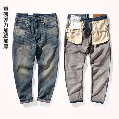 353# Autumn and Winter New Japanese Retro Heavyweight Tooling Jeans Men's Fashion Washed Old Straight Loose Elastic Casual Pants