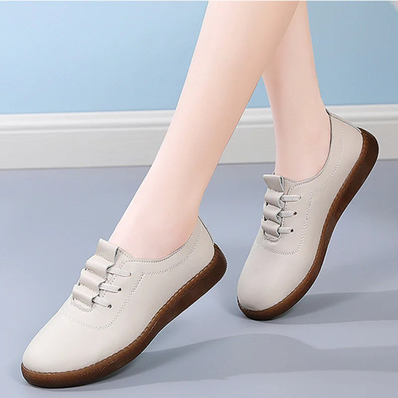 Women Ladies Mother Female Genuine Leather Flats Loafers White Shoes Soft Non Slip Vulcanized Shoes Size 35-41