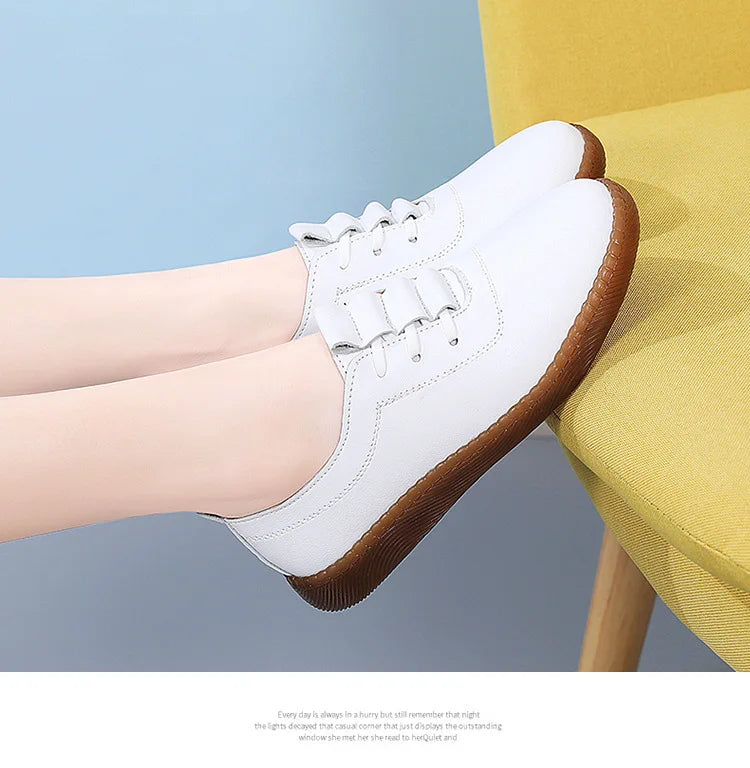 Women Ladies Mother Female Genuine Leather Flats Loafers White Shoes Soft Non Slip Vulcanized Shoes Size 35-41