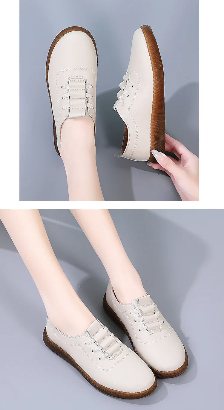 Women Ladies Mother Female Genuine Leather Flats Loafers White Shoes Soft Non Slip Vulcanized Shoes Size 35-41