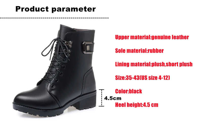 Female Ladies Women Genuine Leather Ankle Boots Platform Winter Autumn Plush Fur Warm Shoes Plus Size Lace Up 35-43