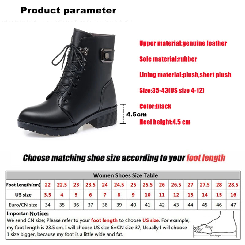 Female Ladies Women Genuine Leather Ankle Boots Platform Winter Autumn Plush Fur Warm Shoes Plus Size Lace Up 35-43