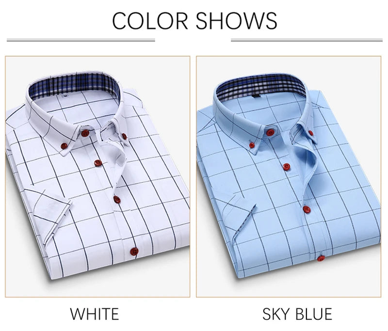 Summer Men Shirts Short Sleeve Plaid Shirt Slim Casual Button Up Dress Shirts Men Big Size M-5XL Anti-wrinkle Soft