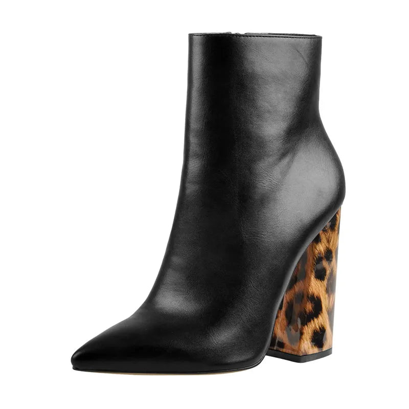 Women Pointed Toe 10CM Leopard Chunky Heels Ankle Boots Side Zipper High Heel Thick Autumn Booties