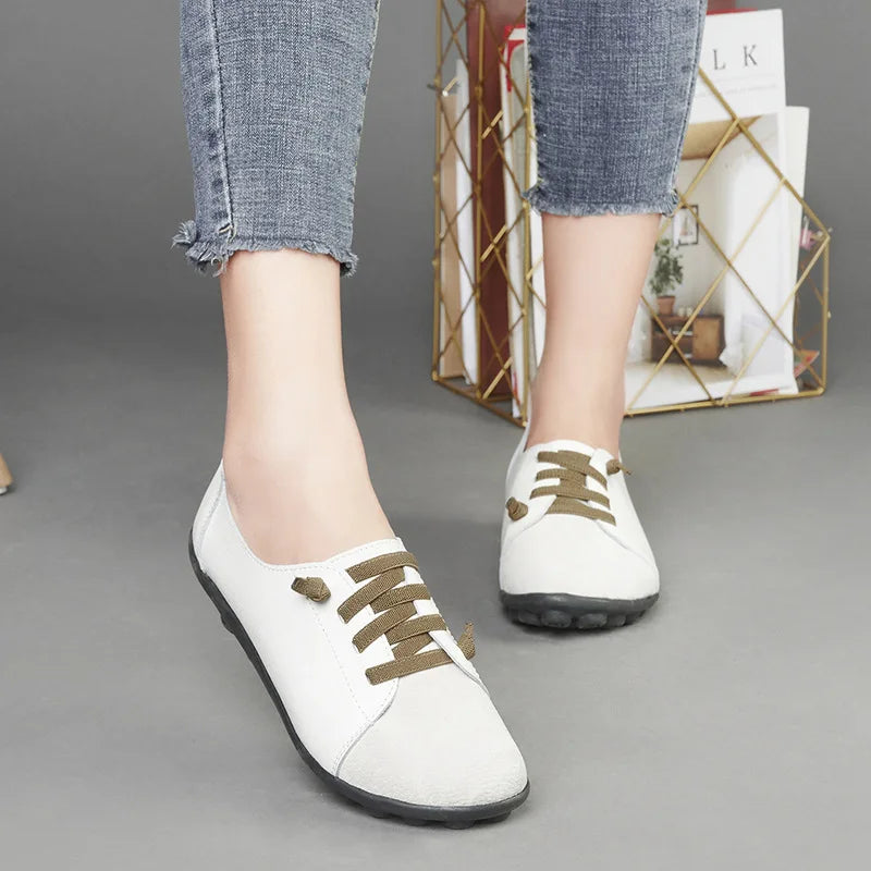 Women's Genuine Leather Mother Ladies Shoes Flats Loafers Ballerina Lace Up Soft Moccasins Plus Size 43 44 MX-052