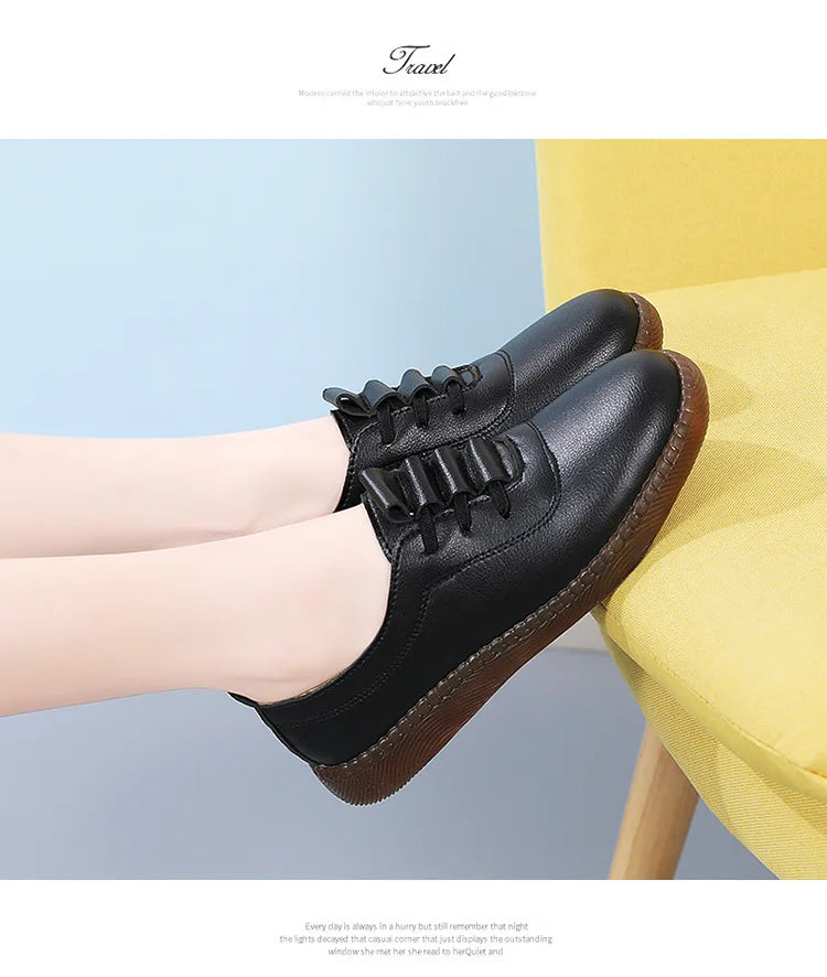 Women Ladies Mother Female Genuine Leather Flats Loafers White Shoes Soft Non Slip Vulcanized Shoes Size 35-41