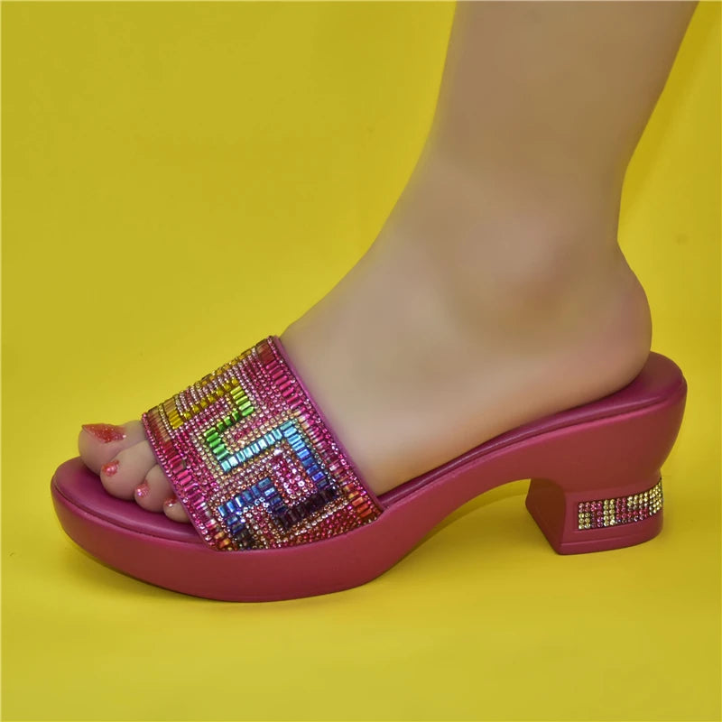 African Luxury Women Wedding Shoes Decorated with Rhinestone Open Toe Shoes Slip-On Italian Ladies Shoes