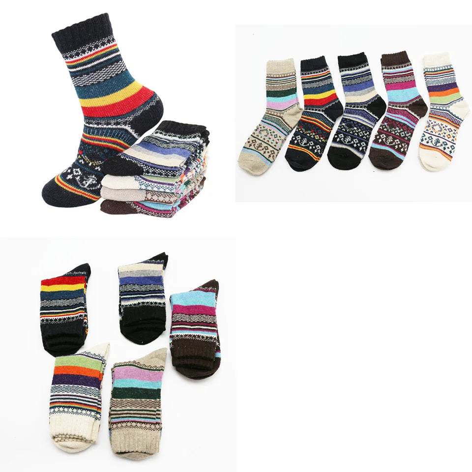 5 Pairs Winter Men's Wool Socks Harajuku Retro Warm Thick Comfortable Knitted Casual Striped Socks