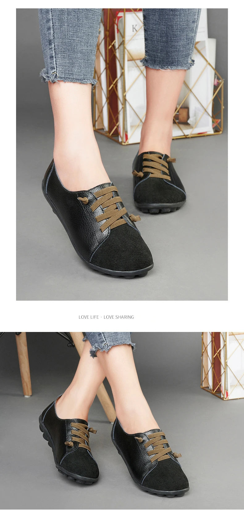 Women's Genuine Leather Mother Ladies Shoes Flats Loafers Ballerina Lace Up Soft Moccasins Plus Size 43 44 MX-052