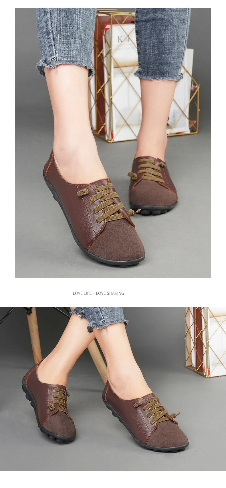 Women's Genuine Leather Mother Ladies Shoes Flats Loafers Ballerina Lace Up Soft Moccasins Plus Size 43 44 MX-052