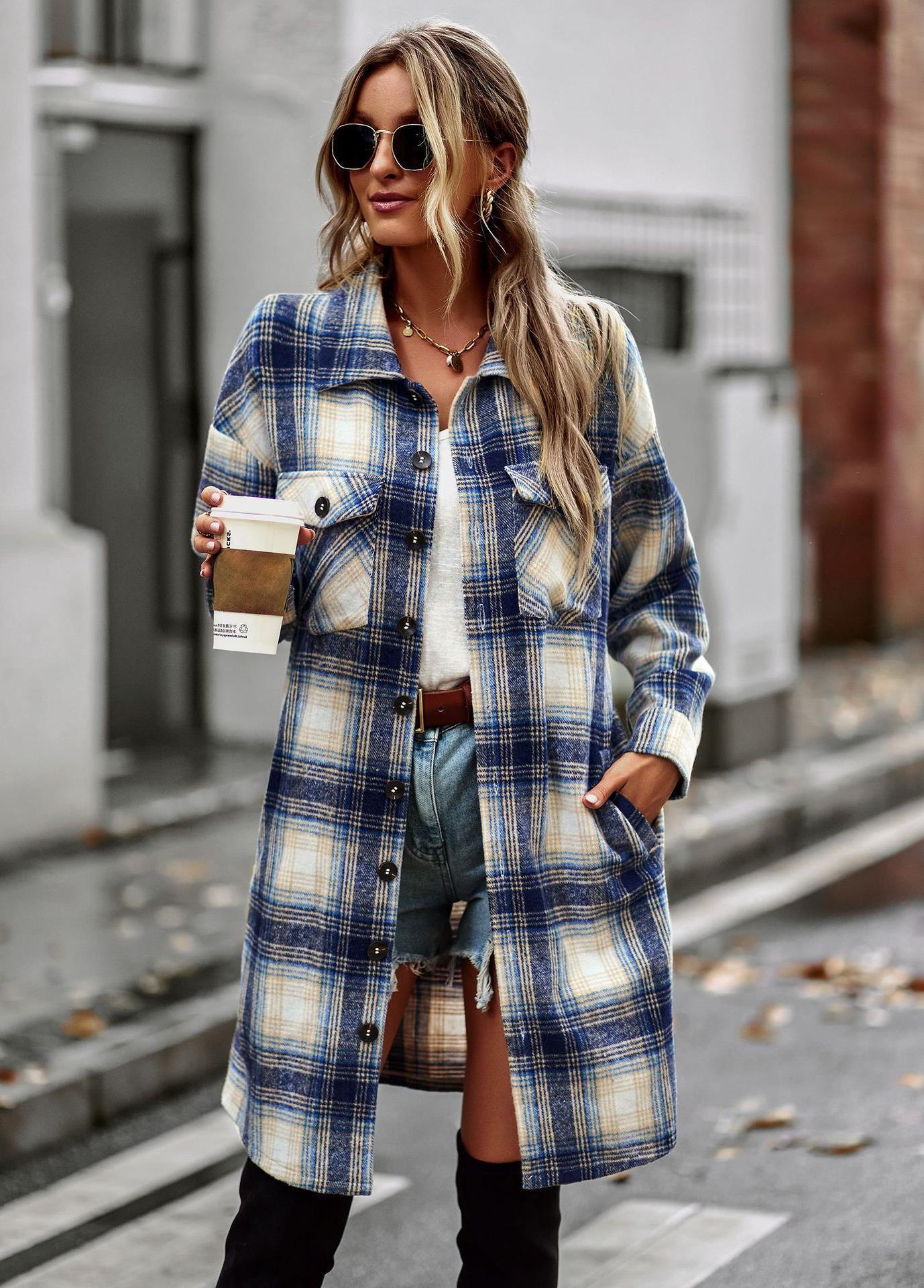 Women's Temperament Leisure Long Plaid Tup Cardigan Coat