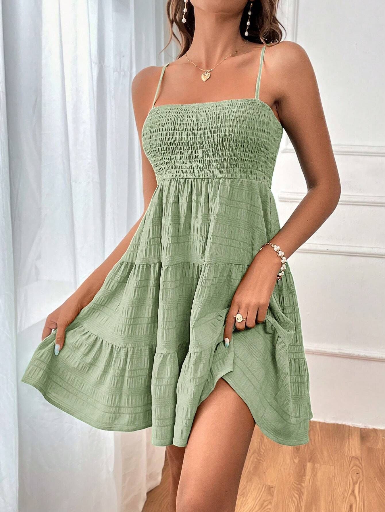 Green Tie Straps Mini Dress For Women Sexy Sleeveless Tiered Hem Holiday Beach A-line Dress 2024 Summer Female Sundress