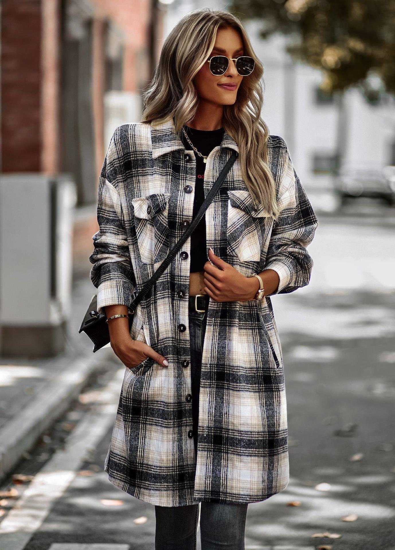 Women's Temperament Leisure Long Plaid Tup Cardigan Coat