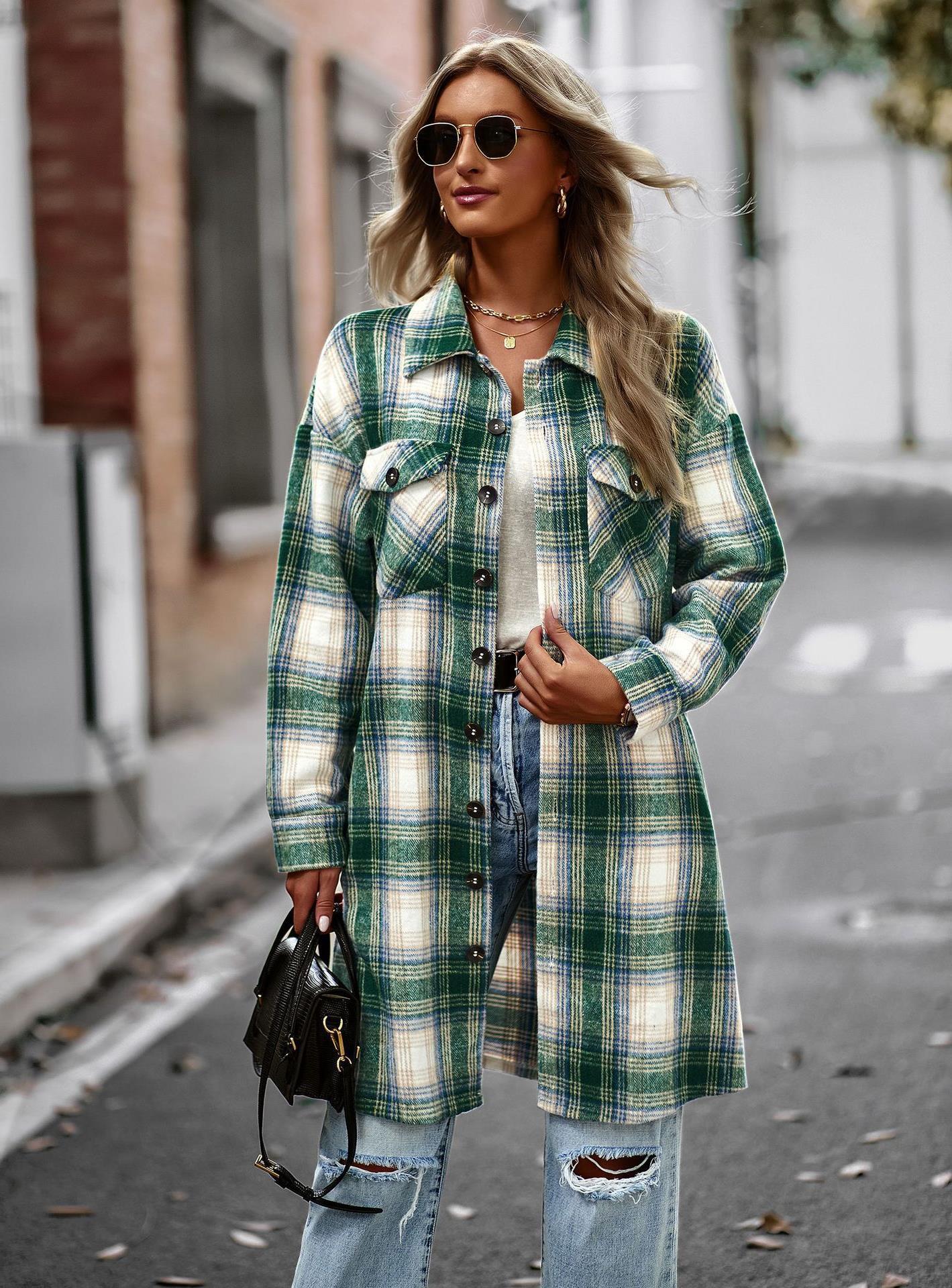 Women's Temperament Leisure Long Plaid Tup Cardigan Coat