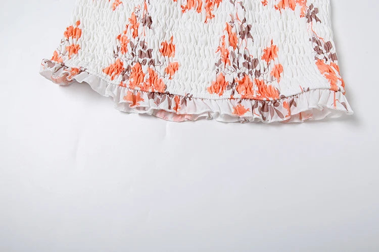 Vacation Thin Women Floral 2 Piece Set Elastic Ruffles Tank Tops + Peach Hip Skirts Matching Clubwear Romantic Outfits