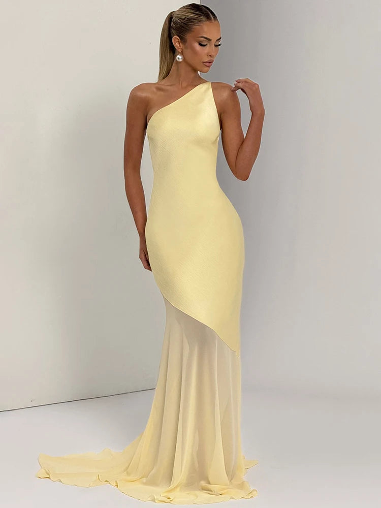 One Shoulder Backless Sleeveless Maxi Dress Women's Sexy Gown Fashion Patchwork Bodycon Club Party Long Dress Elegant Floor-Length
