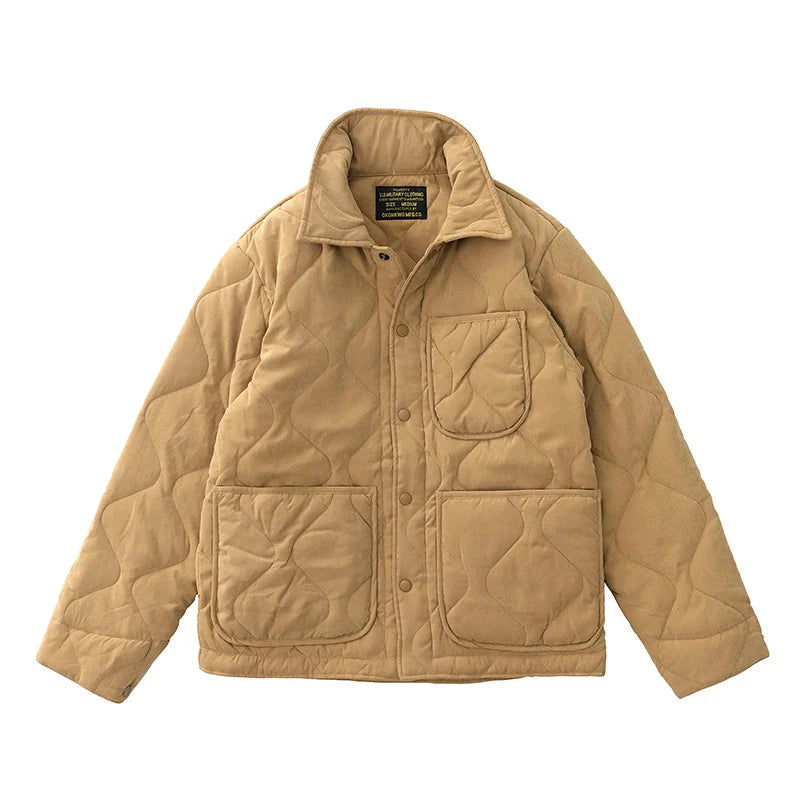 Winter New American Retro Langarm Revers Baumwolle gepolsterte Cargojacke Herren Einfacher dicker Innenliner Lässiger Mantel mit mehreren Taschen