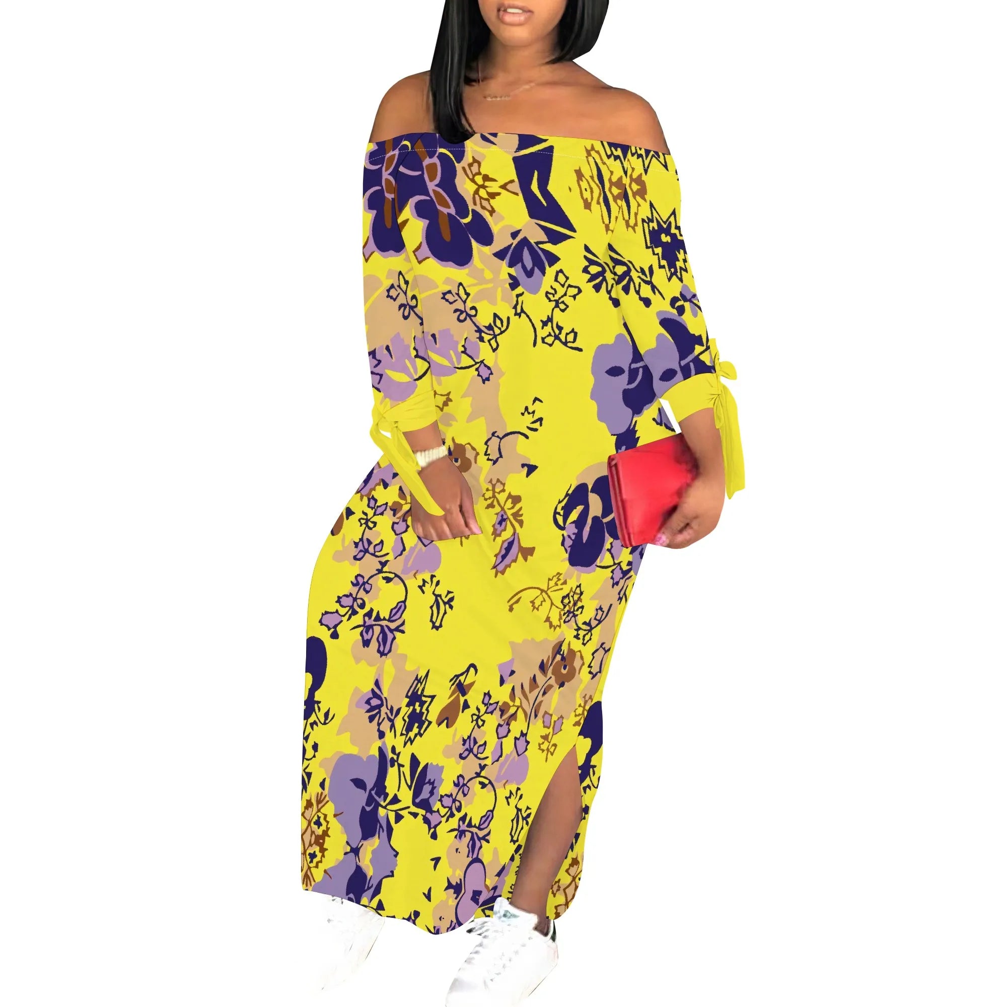 Women's Floral Off Shoulder Maxi Dress 3/4 Sleeve Multicolor Blue Slit Party Evening