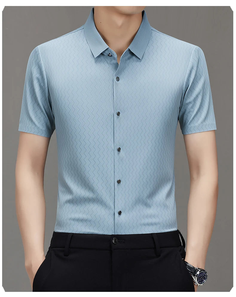 Men's Summer Lapel Shirt, Slim Fit Short-Sleeved, Fashion Dark Pattern Knitted Fabric Polo Shirt