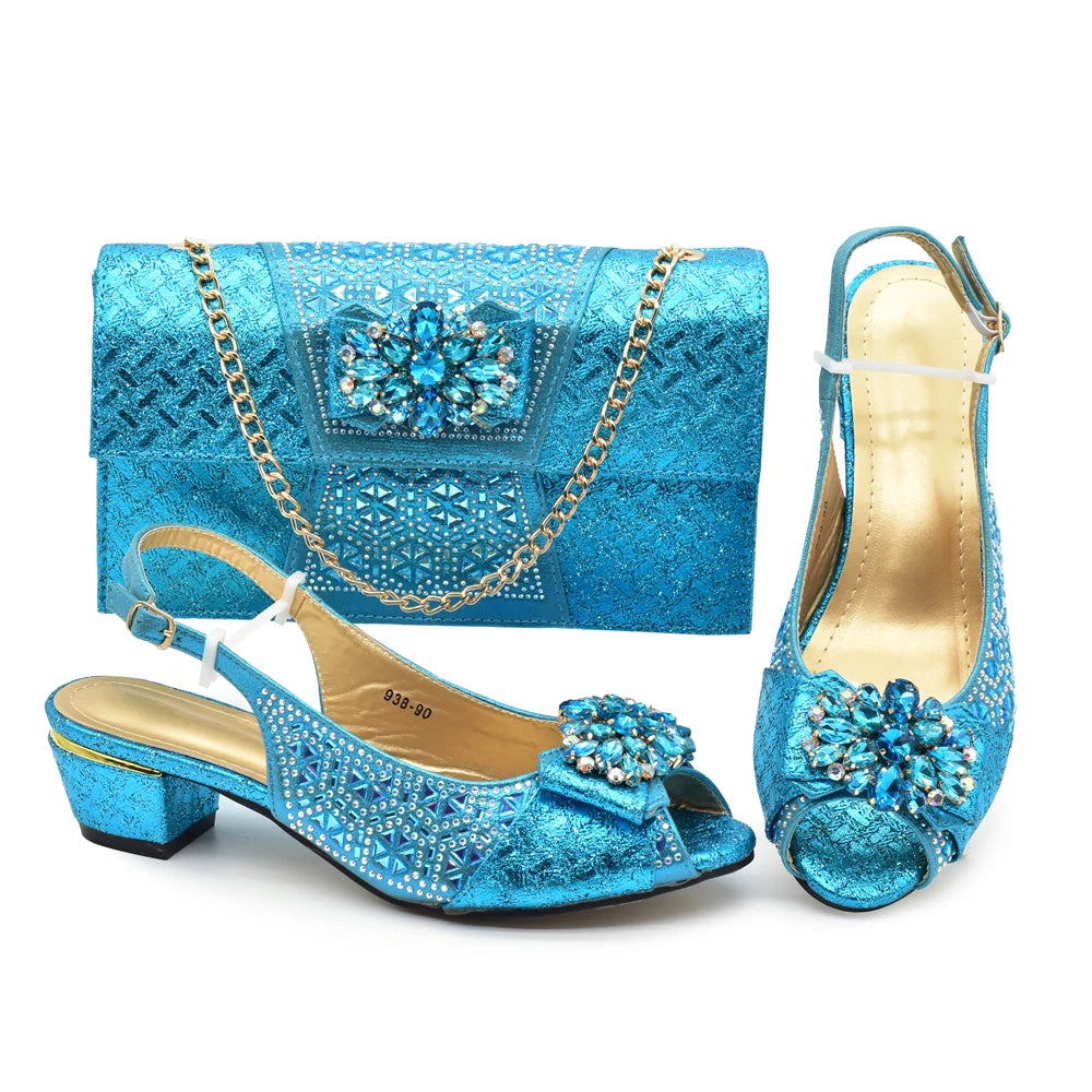 Matching Nigerian Party Shoes and Bags for Ladies Elegant Heeled Shoes for Women Rhinestone African Bag and Shoe Set