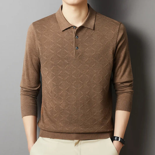 Men's High Quality Woollen Polo Shirt, Blend Fashionable Embroidered Long Sleeve Tee, Korean Style Casual Menswear