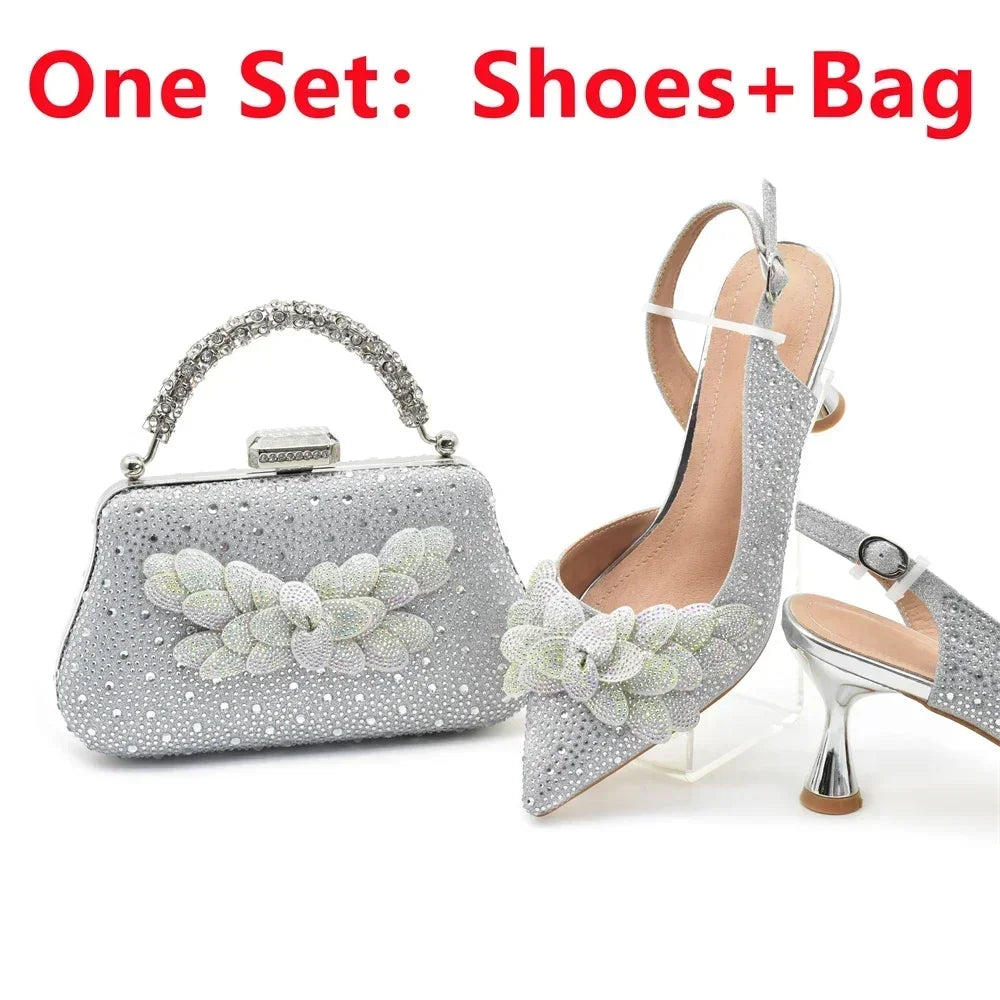 Women's Rhinestones-Decorated Party Luxury Italian Pointed Toe Shoes and Bag Set for Ladies' Wedding Pumps With High Heel