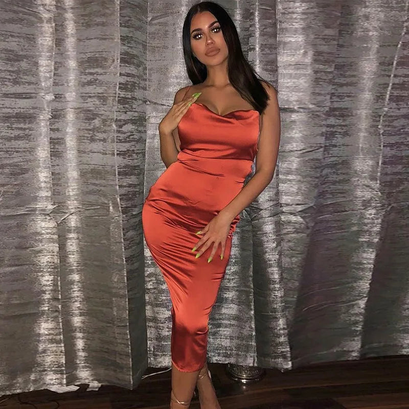 Neon Satin Lace Up Women's Long Midi Dress Light Pink Bodycon Backless Elegant Party Sexy Club Clothes Summer Dinner Outfit