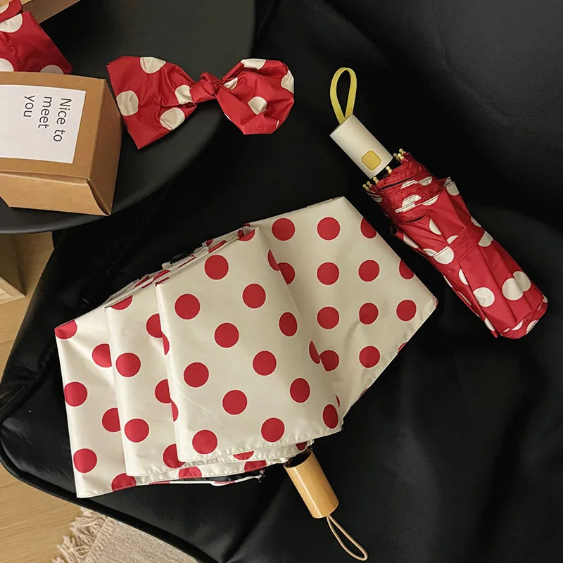 Large Polka Dots AutoOpen/Close Women’s Retro Aesthetic 2-in-1 Umbrella - UPF 50+ Protection 3-Fold Compact, Windproof & Stylish