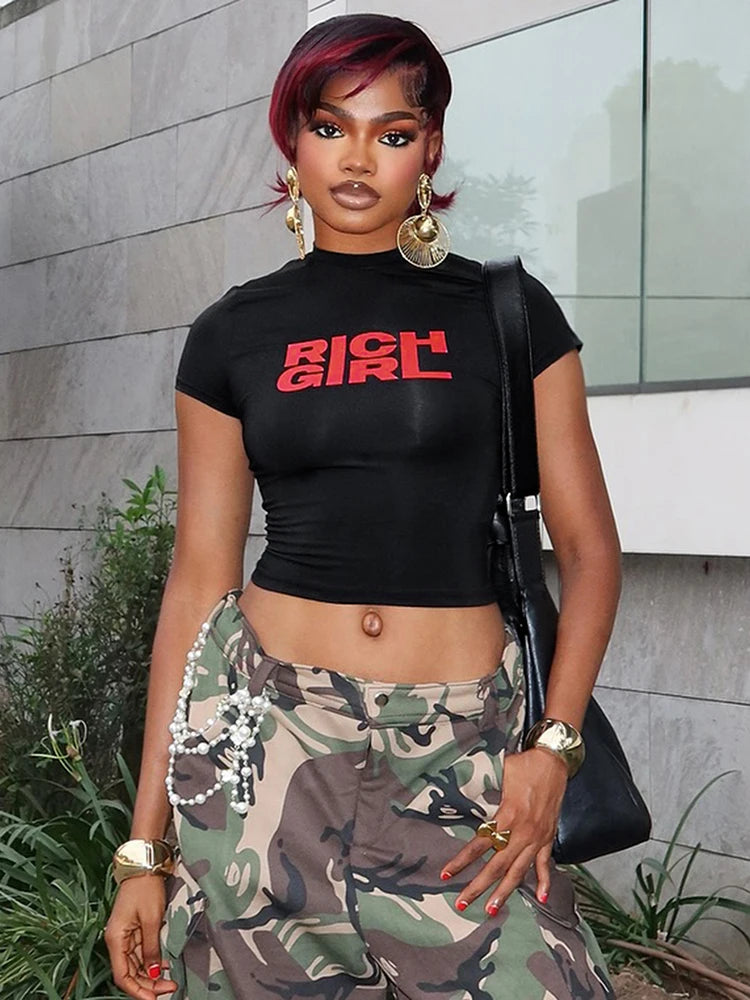 Letter Print Fashion Crop Tops Women Summer Trend o-Neck Mini Sleeve Daily Casual Simple Classic Streetwear T-Shirts